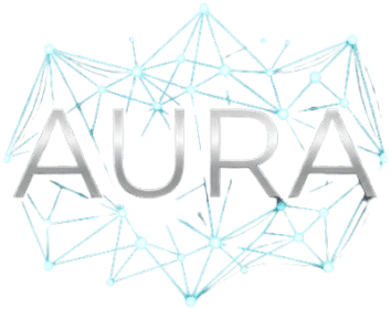 AURA logo: the AURA wordmark inside a glowing network constellation