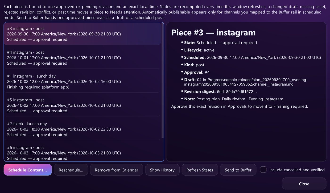 The content calendar with exact local times and the state of each post (sample release)