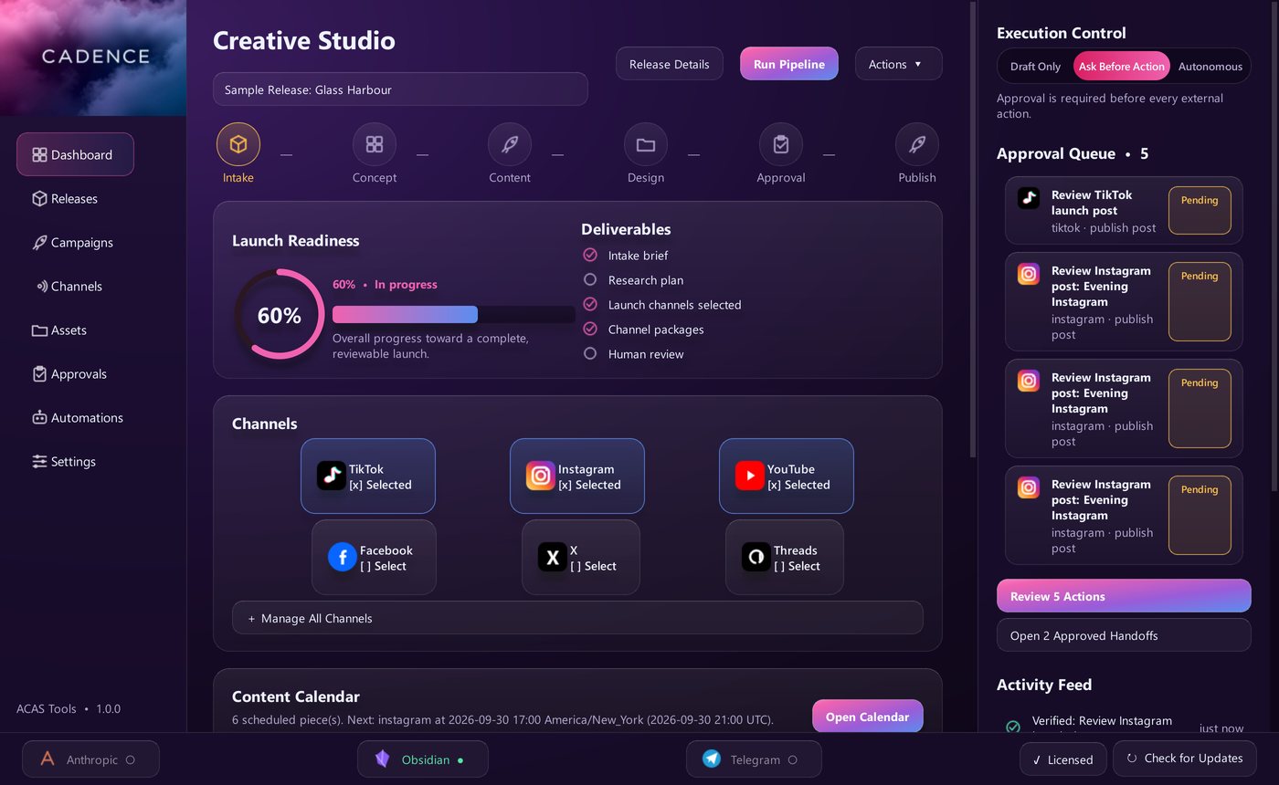 The CADENCE dashboard with launch readiness, channels and an approval queue (sample release)