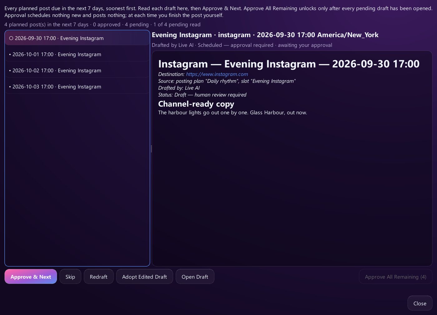 Review the Week: planned posts for the next 7 days with Approve and Next (sample release)