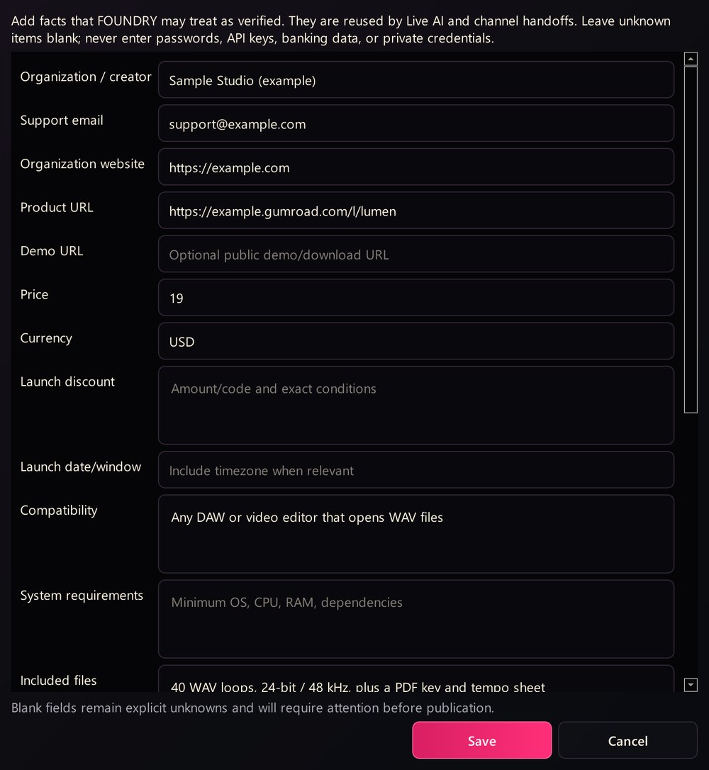 The Launch Facts editor: organisation, support email, product URL, price, currency, launch discount and requirements (sample product)