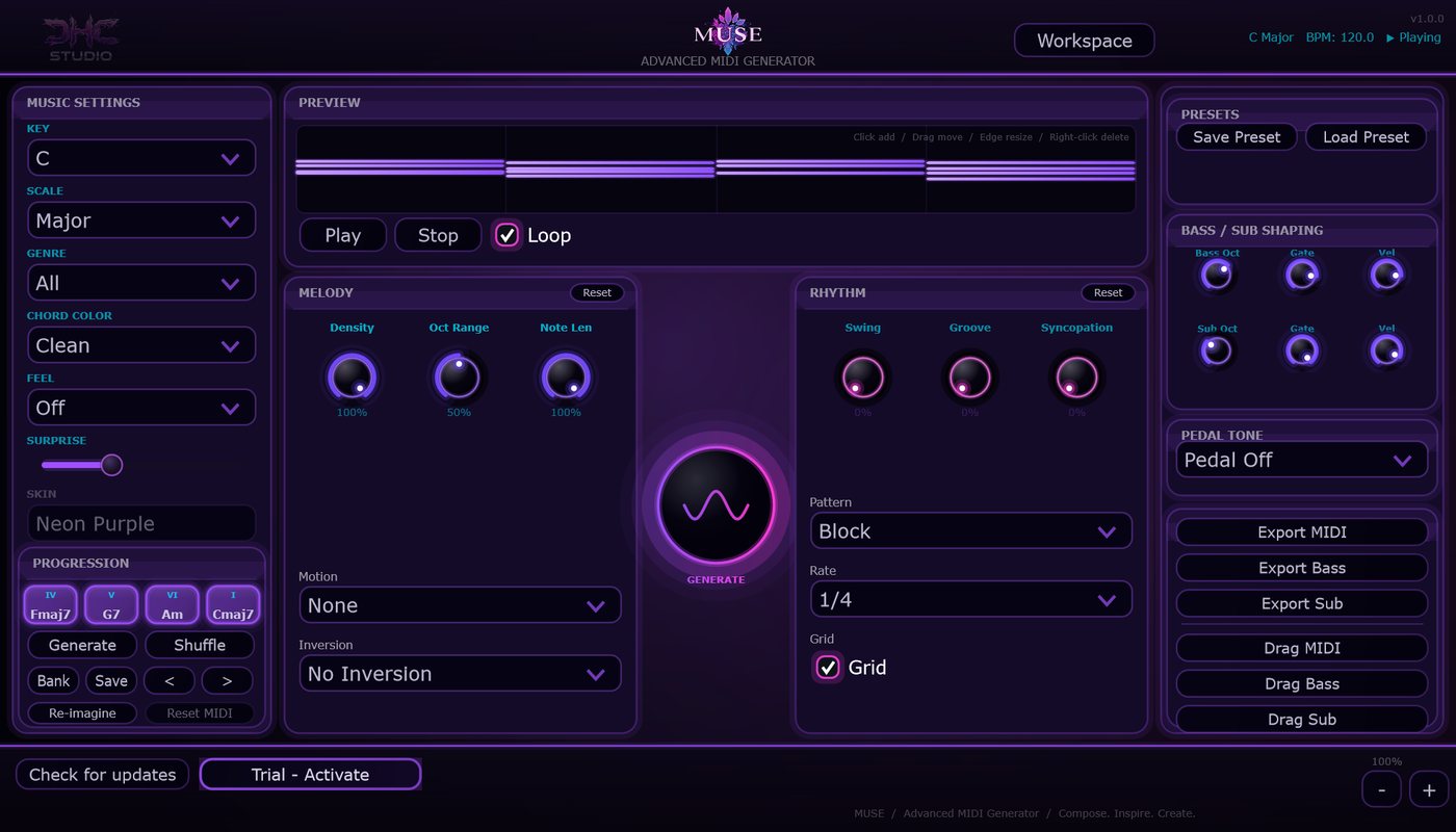 The MUSE main window: music settings, progression, preview, melody, rhythm and bass shaping