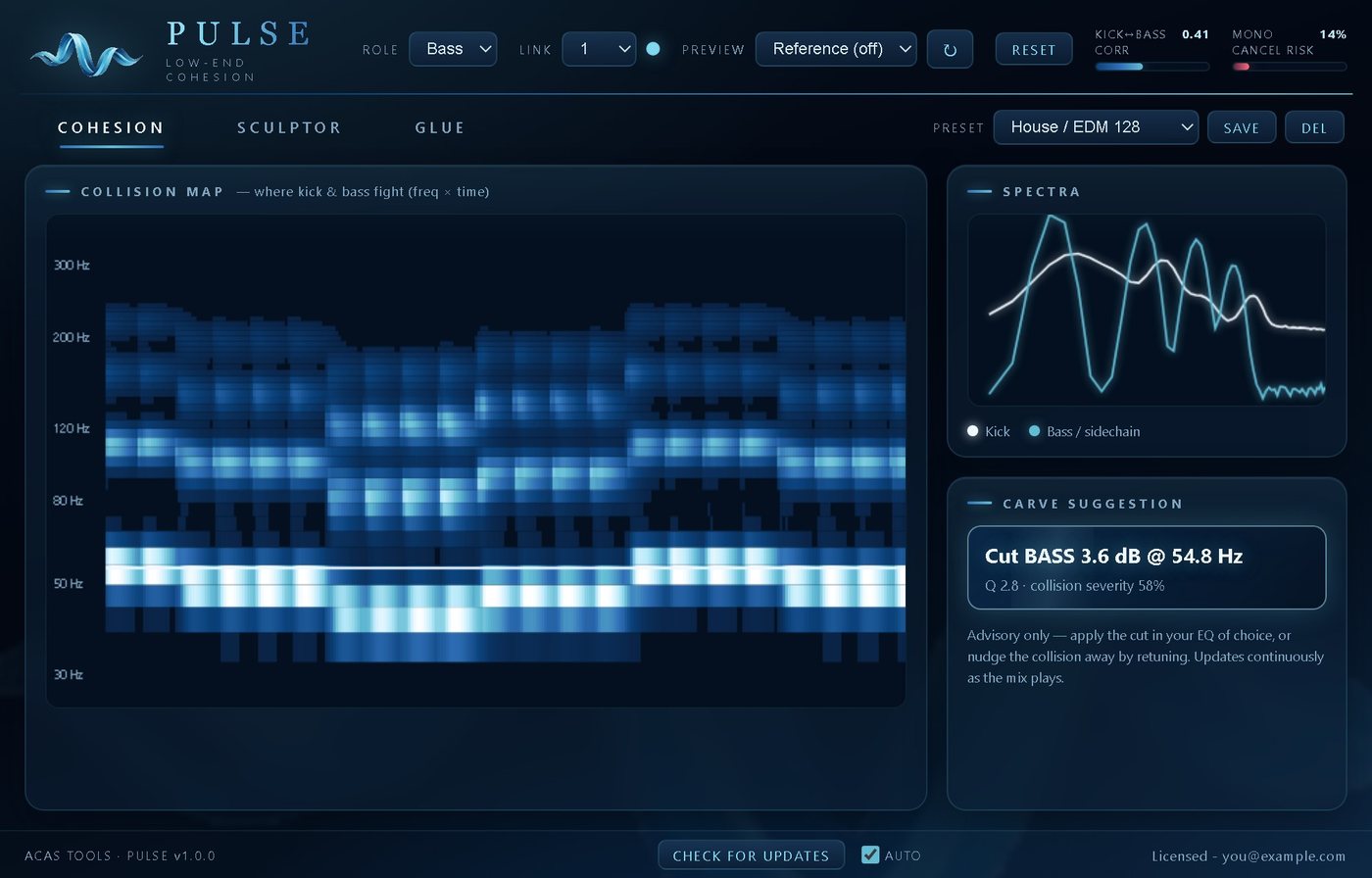 PULSE Cohesion view: collision map, kick and bass spectra and a carve suggestion