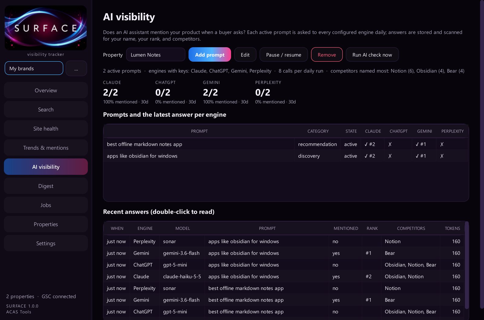 AI visibility page: mention rate per engine and answers per prompt