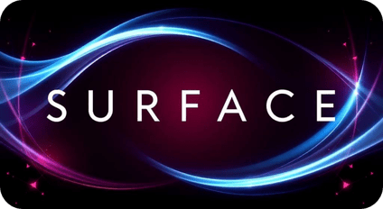 SURFACE logo: the SURFACE wordmark between sweeping blue and pink light trails