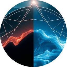 VoxGlow logo: a round emblem split into red and blue waves under a geometric arch